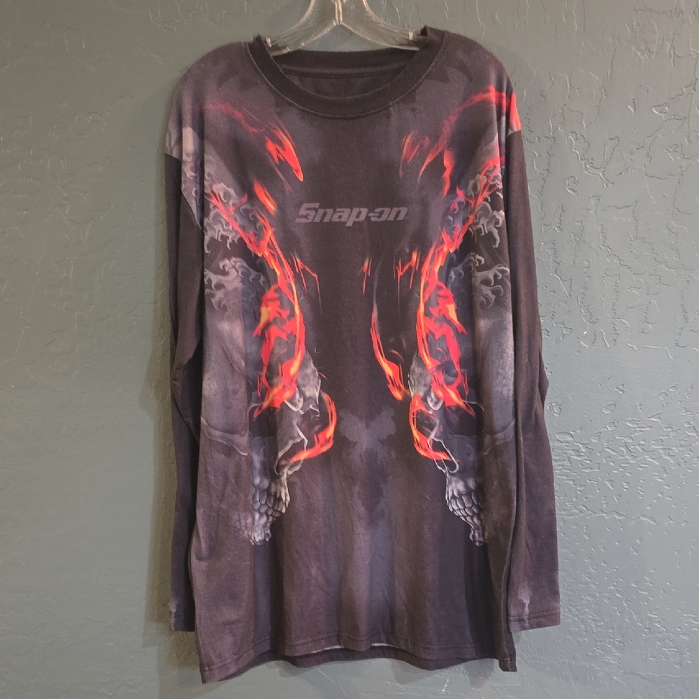 Snap On Racing Men's Dark Gray and Red Flame Long Sleeve Performance Tee